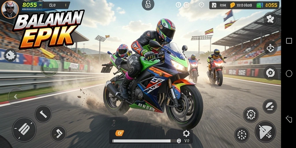 Screenshot dari gameplay balapan motor yang mendebarkan.