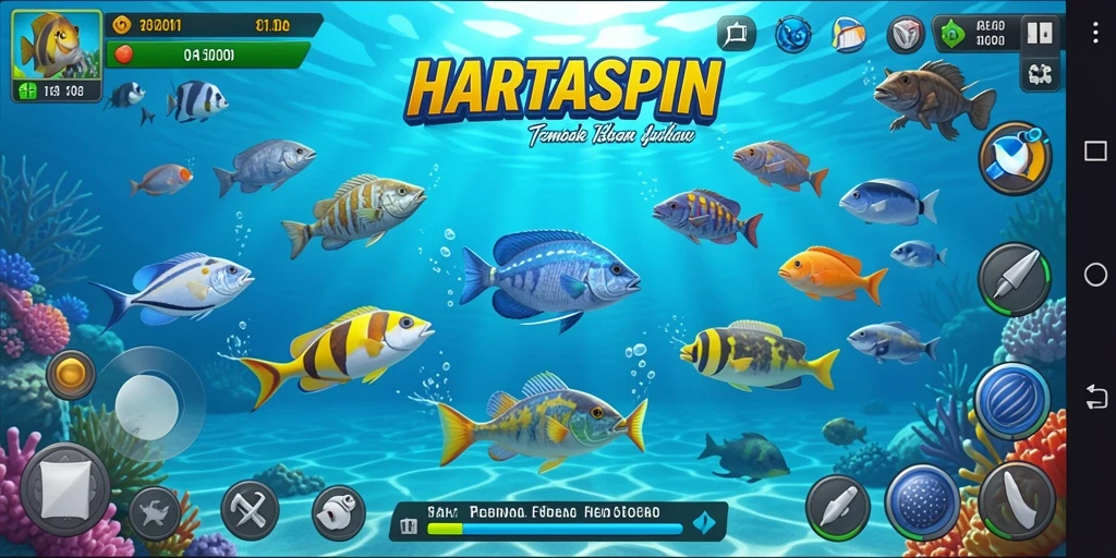 Tampilan gameplay HARTASPIN dengan aksi menembak ikan.